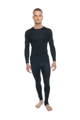 Black long-sleeved thermal underwear set featuring a designer raglan crew-neck tee in carbon black