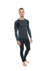 Black long-sleeved designer raglan crew-neck compression shirt with subtle textured panels on shoulders and torso