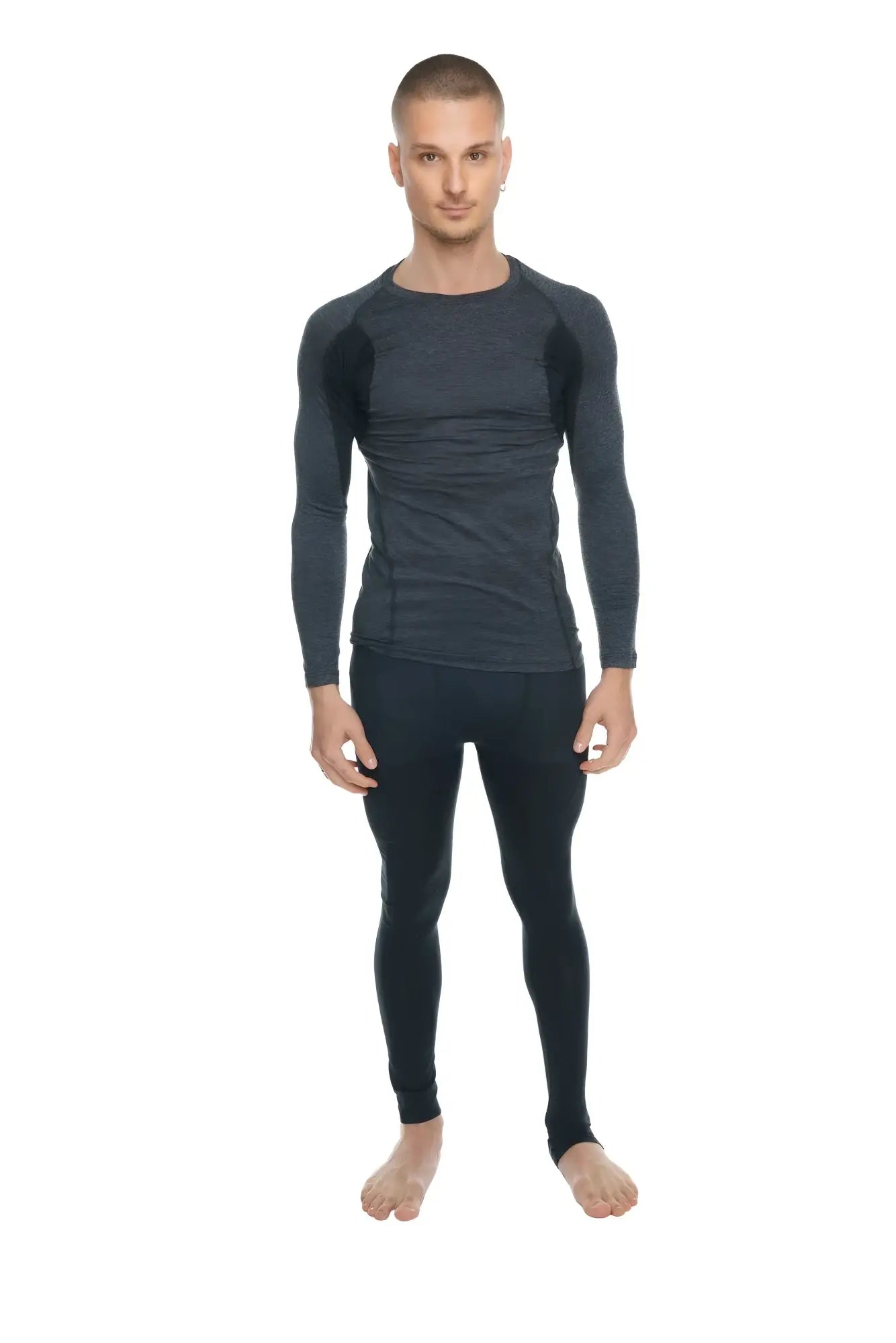 Black and charcoal gray long-sleeved compression athletic wear set designer raglan crew-neck tee front view