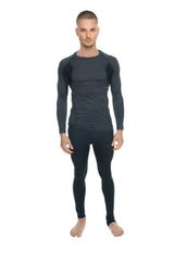 Black and charcoal gray long-sleeved compression athletic wear set designer raglan crew-neck tee front view