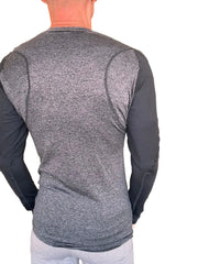 Designer raglan crew neck long sleeve tee in charcoal with black sleeves featuring a heathered torso texture