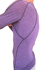 Purple heathered long sleeve designer raglan crew neck tee with dark seam stitching ideal for athletic wear