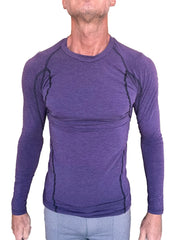 Designer raglan crew-neck long sleeve tee in eggplant purple with black seam detailing for athletic wear