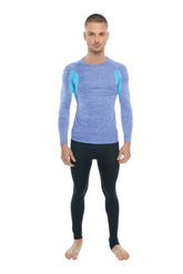 Blue and teal long-sleeved heathered performance top designed as a designer raglan crew-neck tee with coral accents
