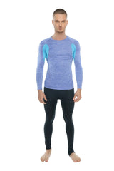Blue and teal long-sleeved heathered performance top designed as a designer raglan crew-neck tee with coral accents