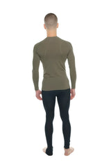 Olive green designer raglan crew-neck long sleeve performance top with a fitted seamless design