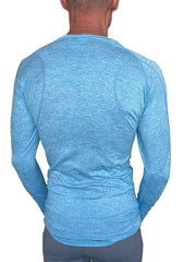 Designer raglan crew-neck tee long sleeve in light blue heathered fabric ideal for athletic wear