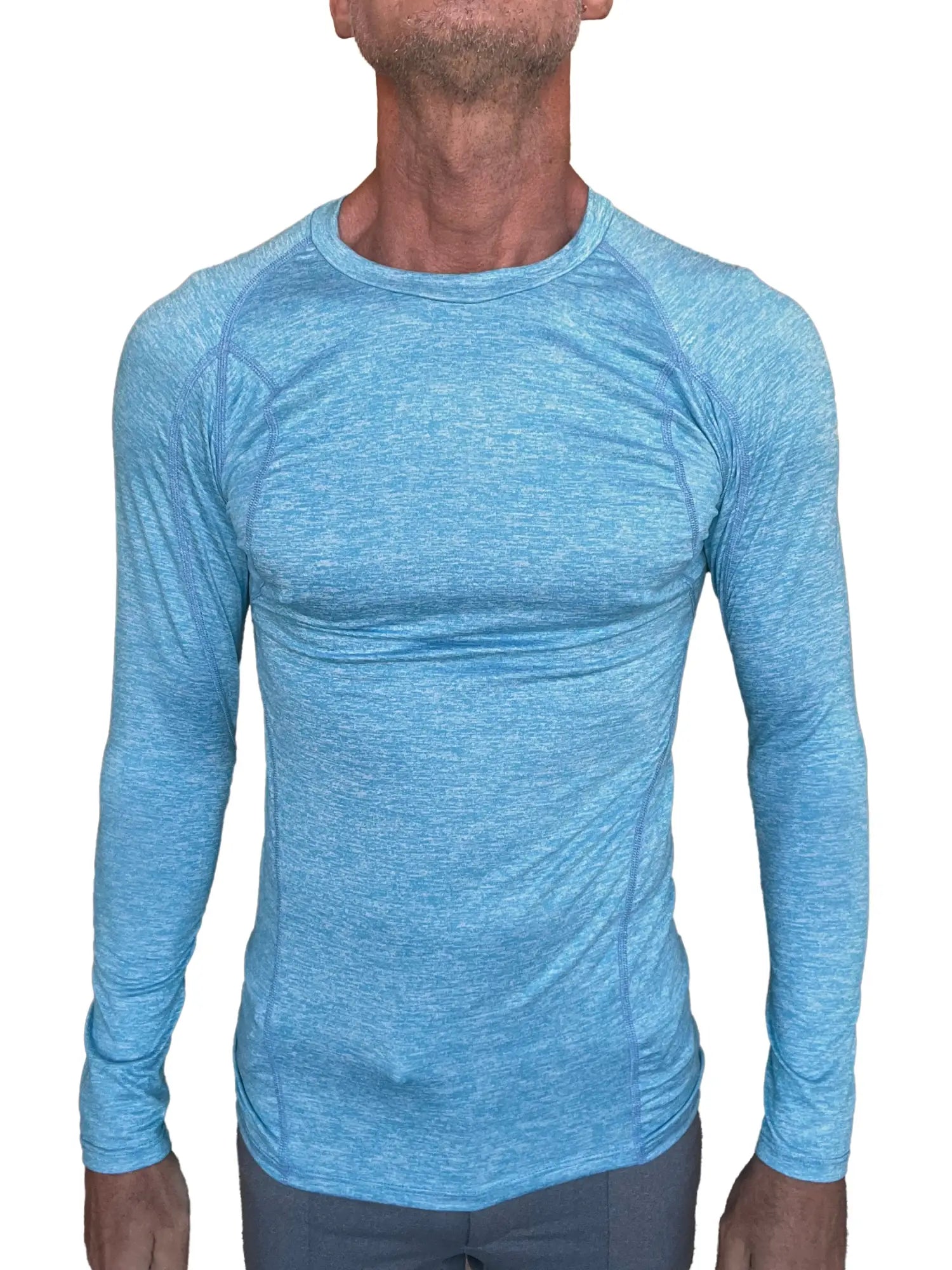 Light blue heathered long sleeve designer raglan crew neck tee ideal for athletic wear in solid coral shelf style