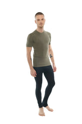 Olive green designer raglan crew-neck short-sleeved compression shirt made from breathable fabric for active wear