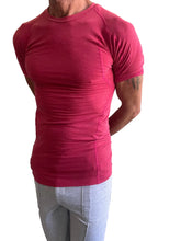 Designer raglan crew-neck tee raspberry in vibrant red with form-fitting short sleeves for athletic wear