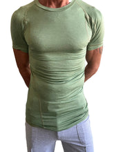 A fitted olive green athletic tee with raglan sleeves and crew neckline perfect for active wear