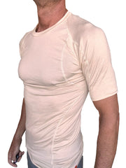 Beige designer raglan crew neck tee with short sleeves and subtle seam detailing for athletic wear