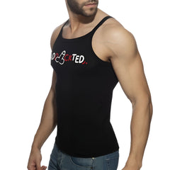 Black tank top with addicted graphic in white and red lettering across the chest for casual wear