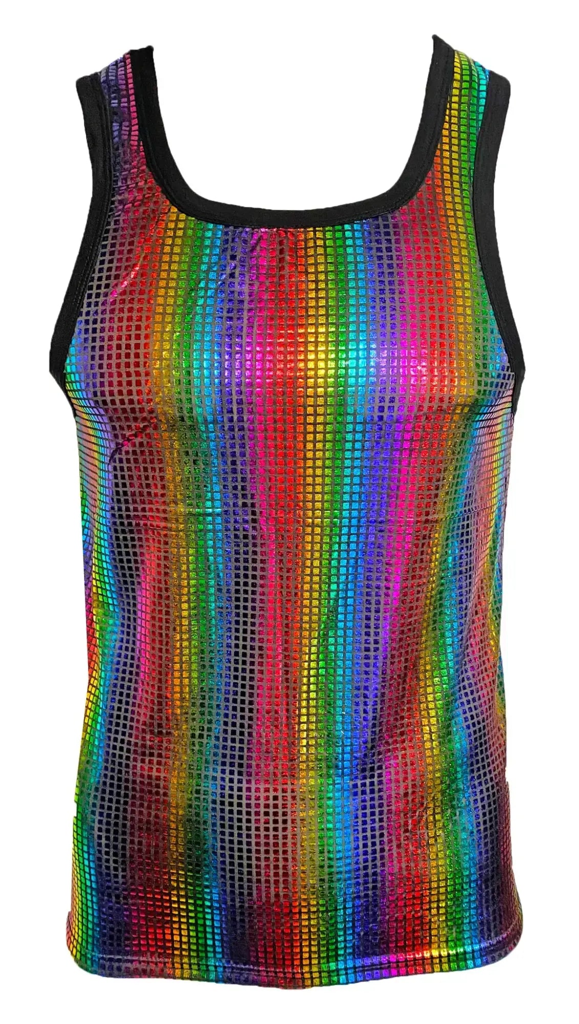 Disco queen tank rainbow holographic mesh tank top with black trim perfect for party or festival wear