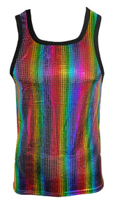 Disco queen tank rainbow holographic mesh tank top with black trim perfect for party or festival wear