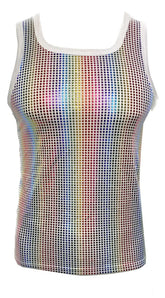 Disco queen tank rainbow holographic mesh tank top with white trim for vibrant festival and party wear