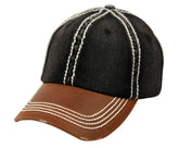 Distressed washed denim two tone cap featuring black denim with brown leather brim and white stitching