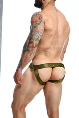 Olive green metallic fabric jockstrap with silver-toned buckle and rivets dngeon c-ring jockstrap camo