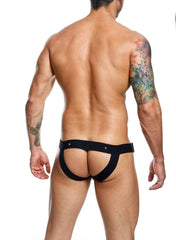 Black sleek form-fitting DNGEON C-ring jockstrap briefs with supportive waistband and silver-toned hardware