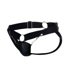 Black leather DNGEON chain jockstrap with silver metal hardware and a dangling pouch attached by chains