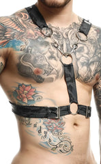 Black leather cross chain harness by DNGEON with silver metal rings and buckles for edgy fashion styling