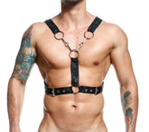 Black leather dngeon cross chain harness with silver metal rings and buckles for adjustable support and style
