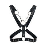 Black faux leather DNGEON cross chain harness with silver metal rings and buckles showing front details