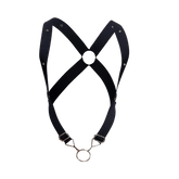 Dngeon crossback harness in black leather with silver toned metal hardware and studs shown from the back side