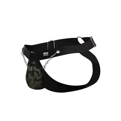 Black elastic belt with camouflage pouch attached by silver chain in the dngeon chain jockstrap product