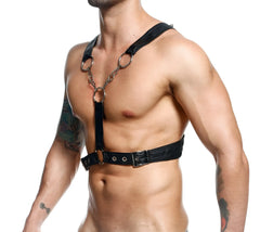 Black leather DNGEON cross chain harness with metal rings and central chain for edgy fashion statement