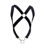 Dngeon crossback harness in black leather with silver toned metal hardware and studs shown from the back side