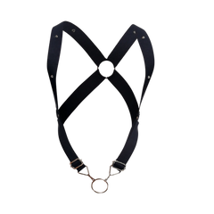 Dngeon crossback harness in black leather with silver toned metal hardware and studs shown from the back side