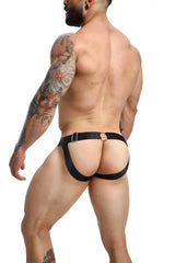Back view of black mesh dngeon peekaboo jockstrap animal briefs with metallic buckle and circular ring detail