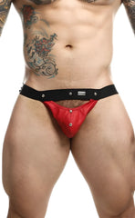 Dngeon peekaboo jockstrap red leather-like briefs with black elastic waistband and silver snap buttons front view