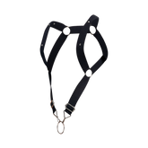 Black leather dngeon straight back harness with silver metal hardware and adjustable straps shown from the back side
