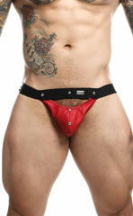 Dngeon peekaboo jockstrap red leather-like briefs with black elastic waistband and silver snap buttons front view