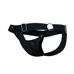 Black leather dngeon peekaboo jockstrap with silver metal buckles and hardware showing front design