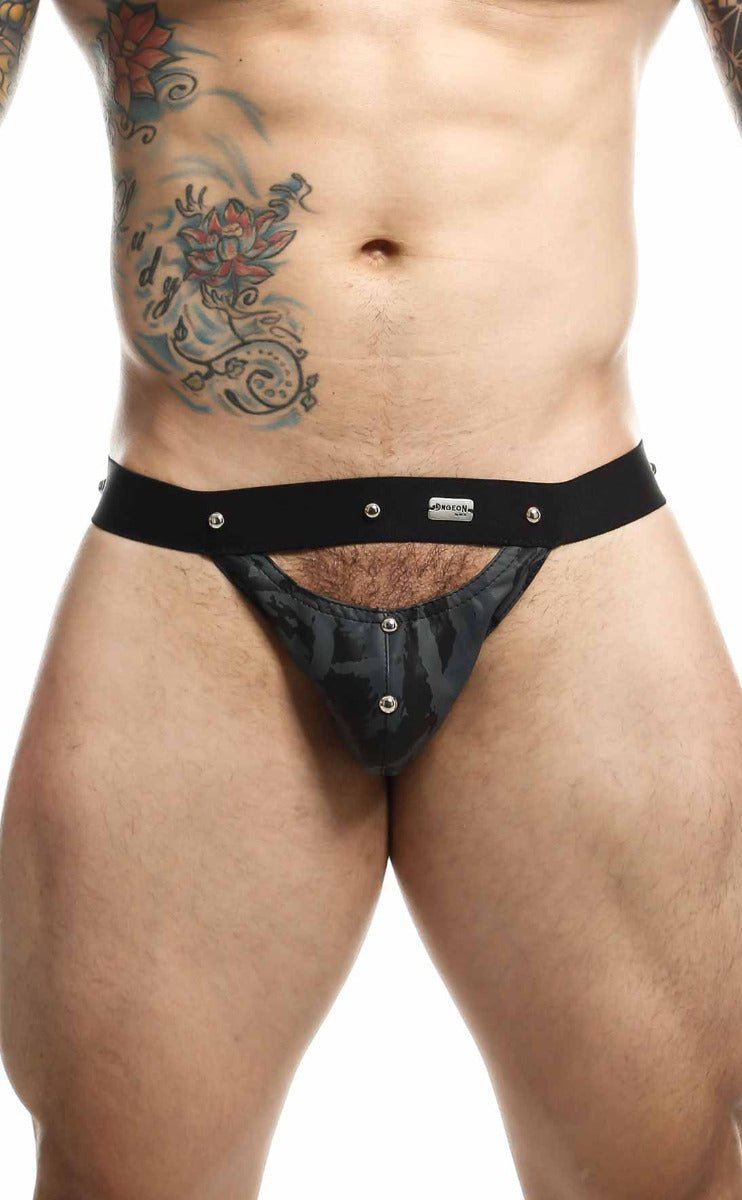 Dngeon peekaboo jockstrap black camo briefs with silver metal studs on waistband and front for edgy style
