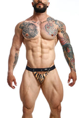 Black and orange tiger-striped DNGEON Peekaboo jockstrap briefs with black waistband, featuring animal print design