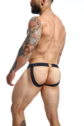 Black leather DNGEON peekaboo jockstrap with central circular buckle and side straps visible from back side