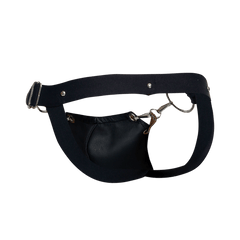 Black leather fanny pack with silver toned buckle and metal hardware featured with DNGEON Snap Jockstrap design