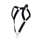 Black leather dngeon straight back harness with silver metal hardware and adjustable straps shown from the back side