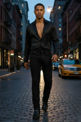 Black satin shirt with deep v-neckline and long sleeves styled with dolorosa rhinestone jeans