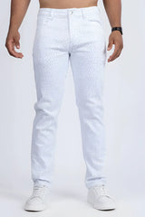 White denim dolorosa rhinestone jeans featuring a subtle perforated pattern across the fabric