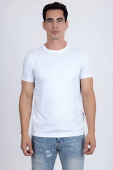 White short-sleeved dolorosa rhinestone t-shirt with a subtle dotted pattern and sparkling rhinestone details