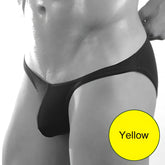 Black thong with smooth form fitting design and thin straps from Don Moris plain bikini underwear yellow size m shown from back