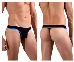 Black Doreanse 1012-BLK borderline thong with blue trim showing front side in comfortable soft fabric