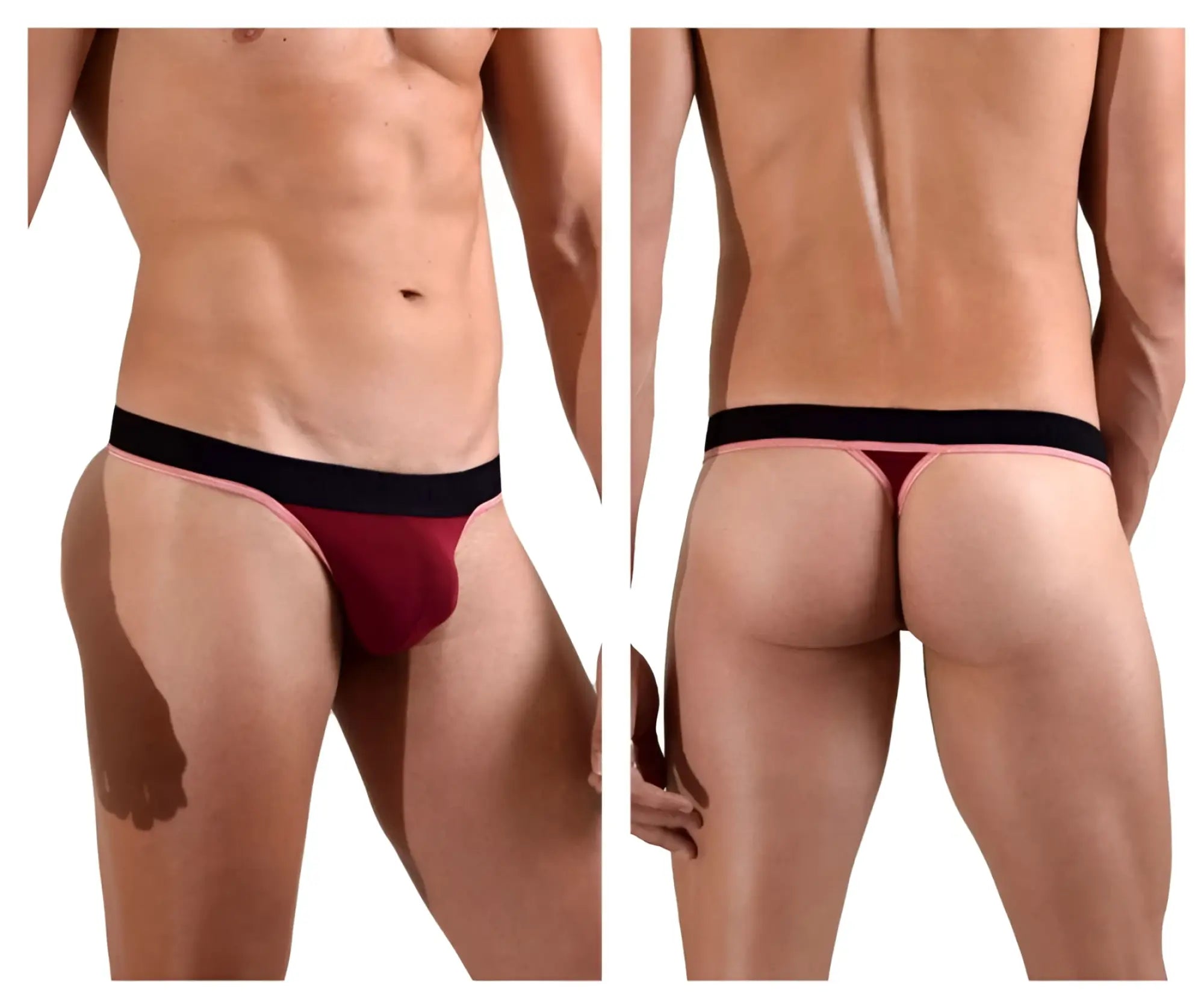 Doreanse 1012-brd borderline thong in bordeaux with red and black fabric and thin pink trim shown from the back