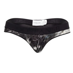 Doreanse 1208-PRN nebula thong in black and silver abstract brushstroke print with branded waistband front view