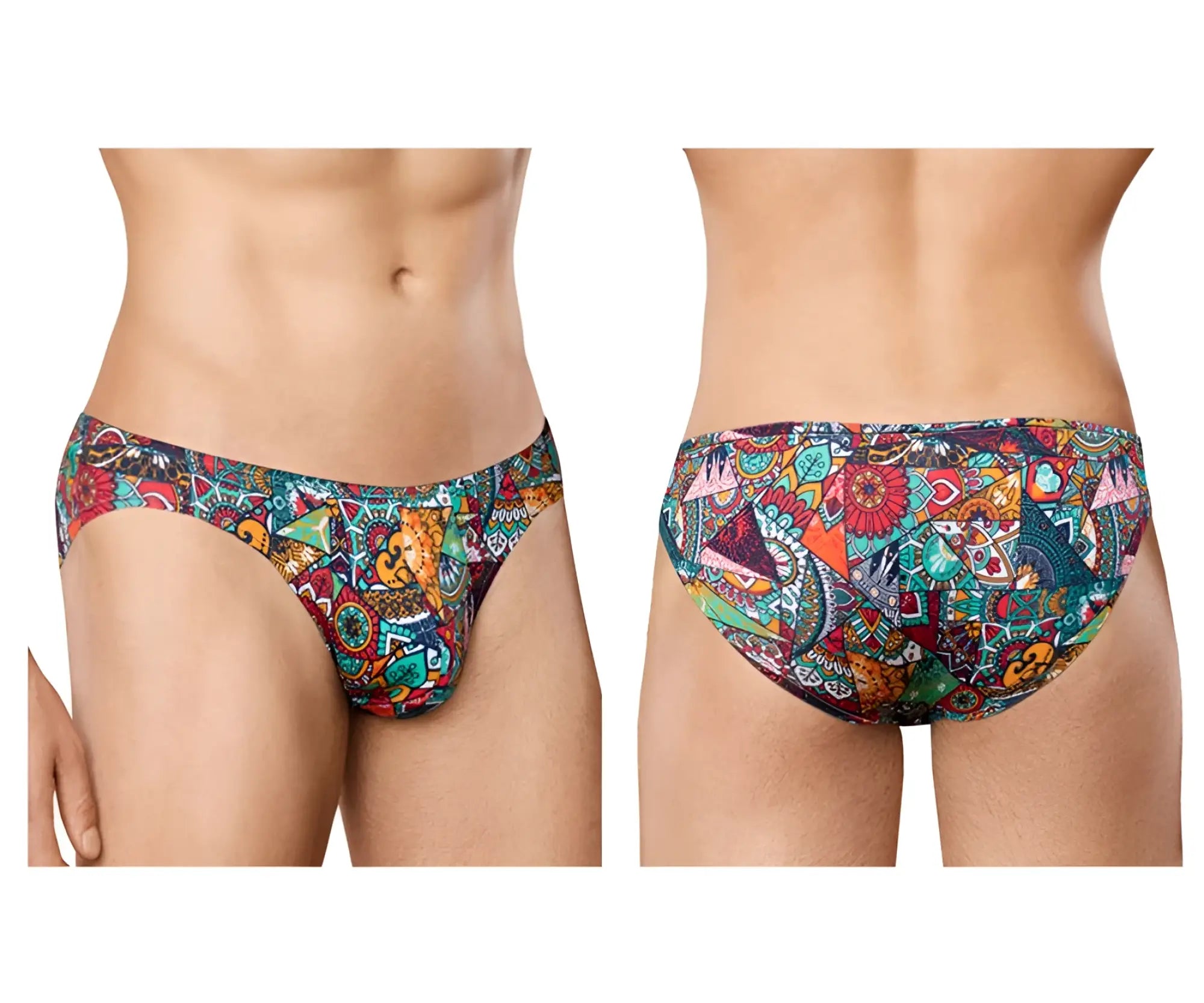 Doreanse 1217-prn groovy bikini color printed swim trunks with vibrant teal orange red green geometric tribal design